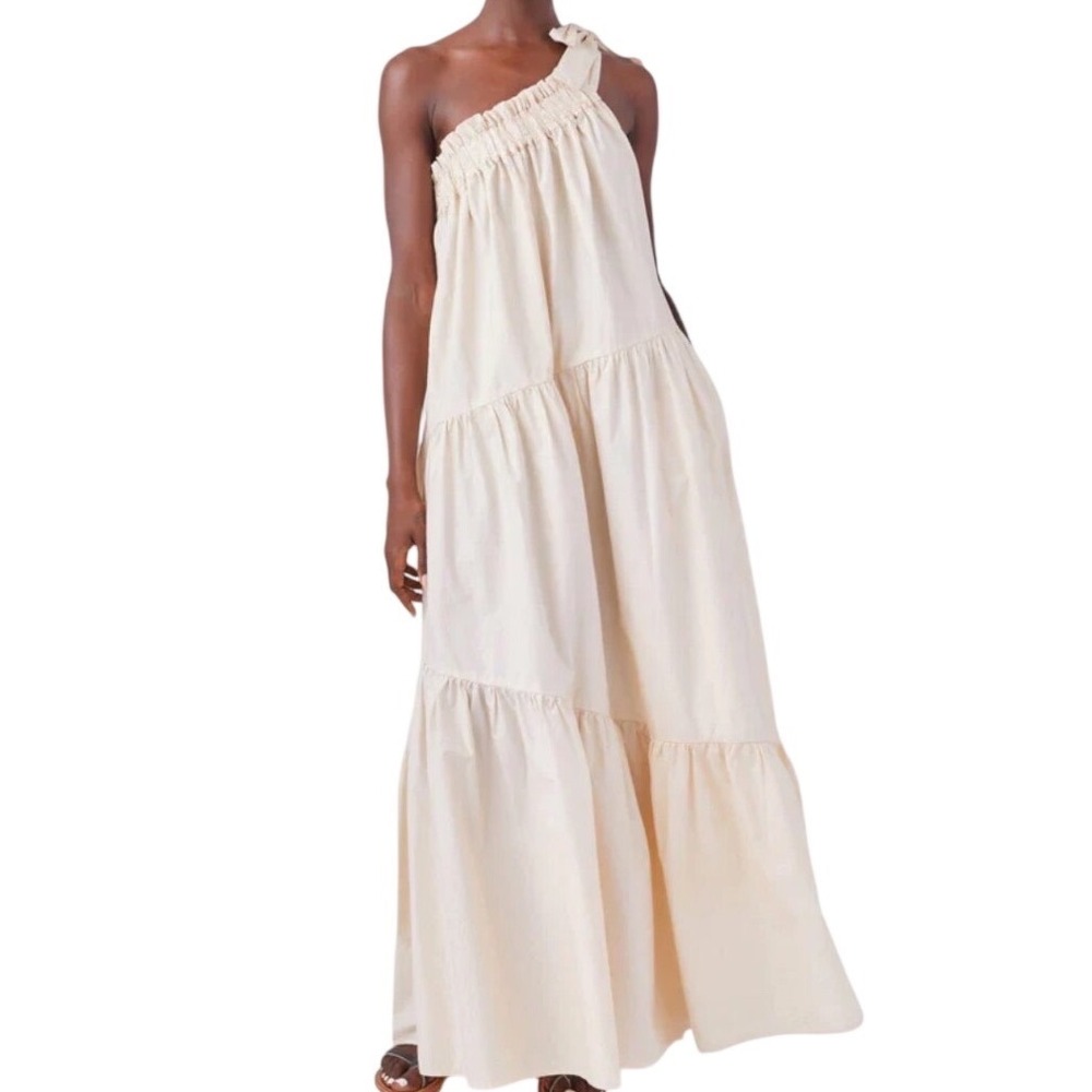 Xirena Maisie One Shoulder Tiered Maxi Dress Cream Cotton Size L Retail $294 EUC